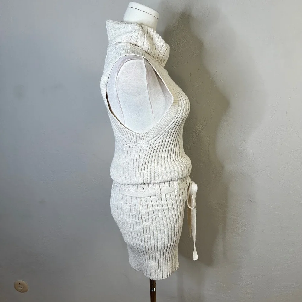 Free People Beach Silvia Cream Knit‎ Sleeveless Turtleneck Mini Dress Large NWT